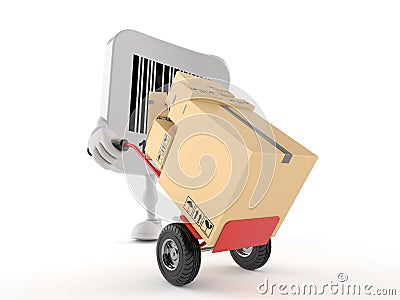 Barcode character with hand truck Cartoon Illustration