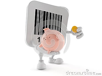 Barcode character holding piggy bank Stock Photo