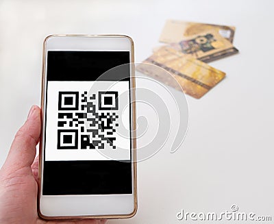 Barcode close up. Qr code on the phone and credit cards Stock Photo