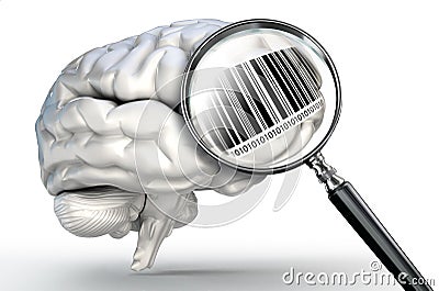 Barcode on magnifying glass and human brain Stock Photo