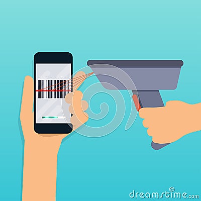 A barcode scanner scanning a bar code on a mobile phone. Flat de Vector Illustration