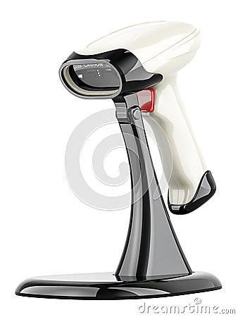 Barcode Scanner with Stand, Handheld Bar Code Scanner with Adjustable Stand, 3D rendering Stock Photo