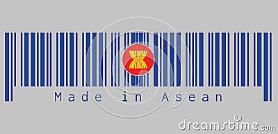 Barcode set the color of Asean flag, ten yellow paddy or rice stalks are drawn in the middle on blue field. text: Made in Asean. Vector Illustration