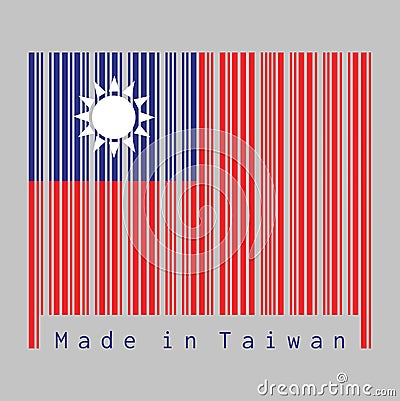 Barcode set the color of Chinese Taipei flag, red field, with a blue canton and white sun with text: Made in Taiwan Vector Illustration