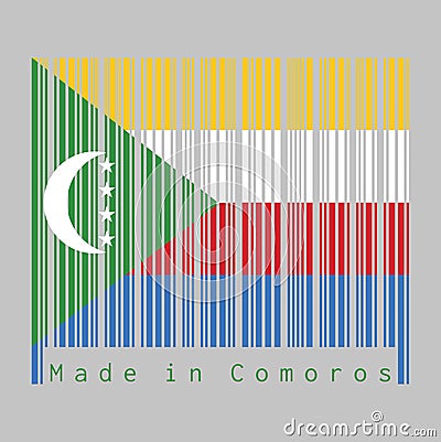 Barcode set the color of Comoros flag, yellow white red and blue with green chevron, crescent and star Vector Illustration