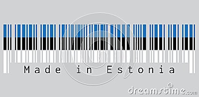 Barcode set the color of Estonia flag, a horizontal triband of blue, black and white. text: Made in Estonia. Vector Illustration