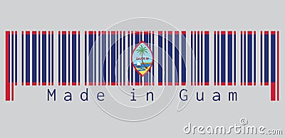Barcode set the color of Guam flag, dark blue background with a thin red border and the Seal of Guam, text: Made in Guam. Vector Illustration