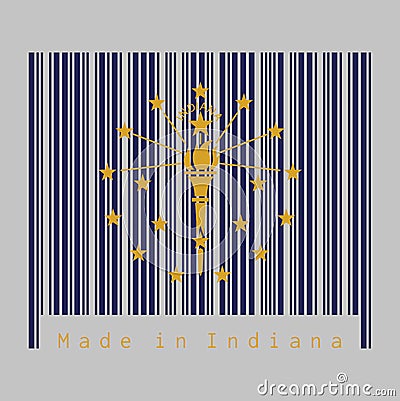 Barcode set the color of Indiana flag, A gold torch surrounded by an outer circle of thirteen stars, an inner semi circle of five Vector Illustration