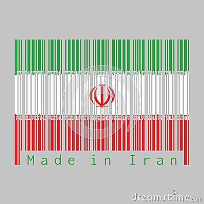 Barcode set the color of Iran flag, green white and red color with National Emblem and the Takbir written in the Kufic script Vector Illustration