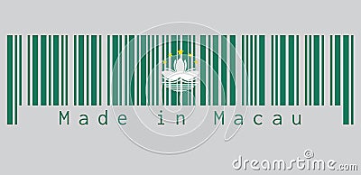 Barcode set the color of Macau flag, green with a lotus and stylised Governor Nobre de Carvalho Bridge and water in white. Vector Illustration