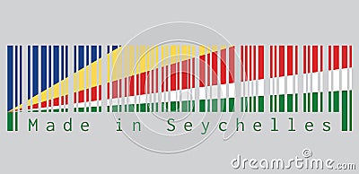 Barcode set the color of seychelles flag, five oblique bands of blue yellow red white and green. Vector Illustration