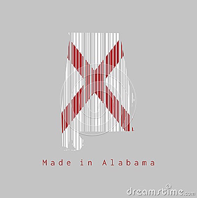 Barcode set the shape to Alabama map outline and the color of Alabama flag on grey background, text: Made in Alabama Vector Illustration