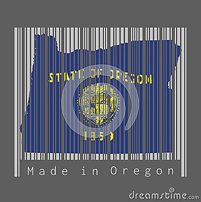 Barcode set the shape to Oregon map outline and the color of Oregon flag on grey barcode with dark grey background, text: Made in Vector Illustration