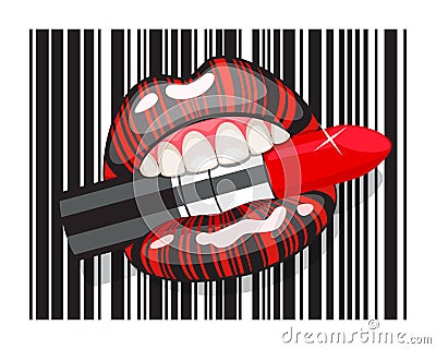 Barcode strip makeup of female mouth with lipstick Vector Illustration