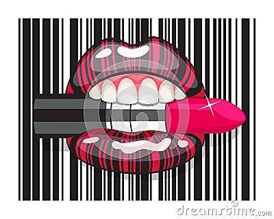 Barcode strip makeup of female mouth with lipstick Vector Illustration