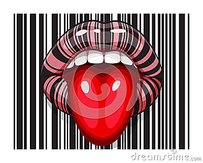 Barcode strip makeup of female mouth with tongue Vector Illustration