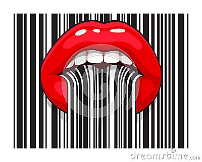 Barcode strip makeup of female mouth with tongue Vector Illustration