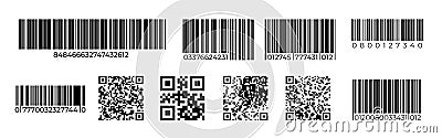 Barcodes. QR code product identification mark, price tag for laser scan, retail number code. Vector stripped barcode set Vector Illustration