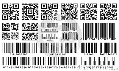 Barcodes. Scan bar label, qr code and industrial barcode. Product inventory badge, codes stripe sticker and package bars Vector Illustration