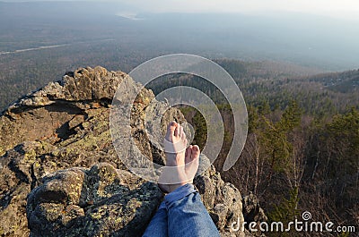 Bare feet of female hiker Stock Photo
