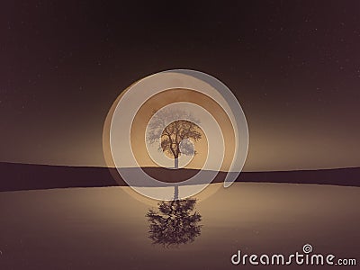 Bare mirrored leafless tree silhouette against orange full moon. Water, land, sky in blue. Sad gloomy mood. Cartoon Illustration