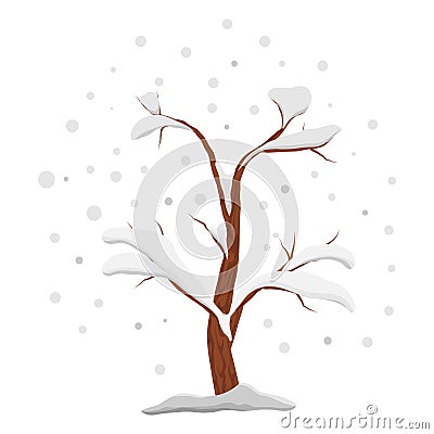 Bare winter tree in the snow. Hollow tree in winter isolated on white background. Vector Illustration