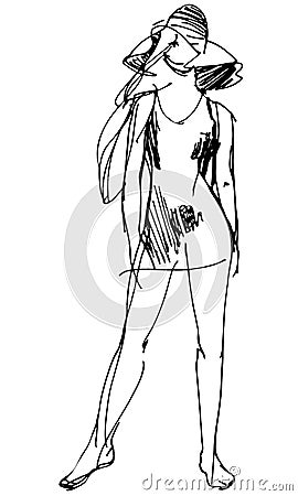 Barefoot slender girl in a hat Vector Illustration