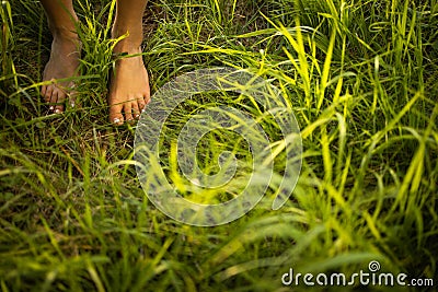 Barefoot young woman in green meadow Stock Photo