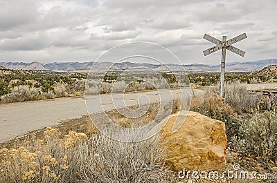 Barely Legible Railroad Crossing Sign Stock Photo