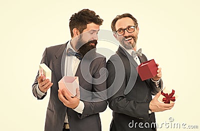 It is bargain. businessmen in formal suit on party. happy birthday shopping. business partners on meeting isolated on Stock Photo