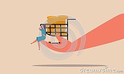 Bargain trade with the buyer. Hand holds a cart with money gold coins and a woman sits on the hand vector illustration. Business Vector Illustration