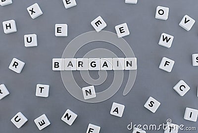 Bargain word made of square letter word on grey background Stock Photo