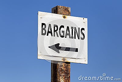 Bargains word and arrow signpost Stock Photo