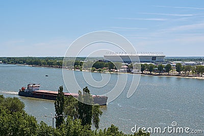 Barge on the background of the stadium `Rostov Arena`, built for the 2018 FIFA world Cup in Rostov-on-don Editorial Stock Photo