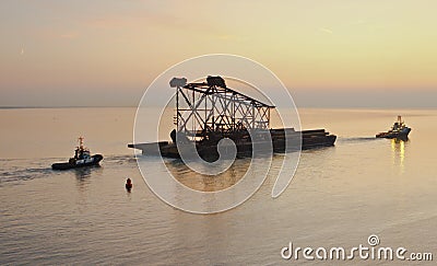 Barge with construction part Stock Photo