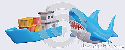 Barge with containers, giant blue shark with gaping jaws. Boat and naval monster Vector Illustration