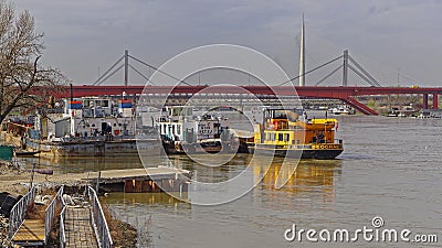 Barges river Sava Editorial Stock Photo