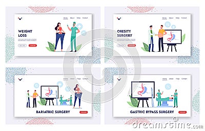 Bariatric Surgery Stomach Reduction Landing Page Template Set. Overweight Patients Characters with Weight Problems Vector Illustration