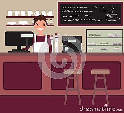 Barista behind the counter bar. Vector. Flat style illustration. Vector Illustration