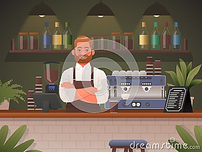 Barista in a cafe shop. Small business concept. Happy man in apron, cafeteria worker. Vector illustration Cartoon Illustration