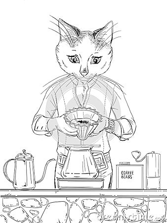 Barista cat preparing coffee artistic drawing Stock Photo