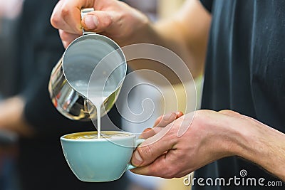 Barista in coffee bar preparing proper cappuccino pouring frothed milk into cup of coffee, making latte art, pattern Stock Photo