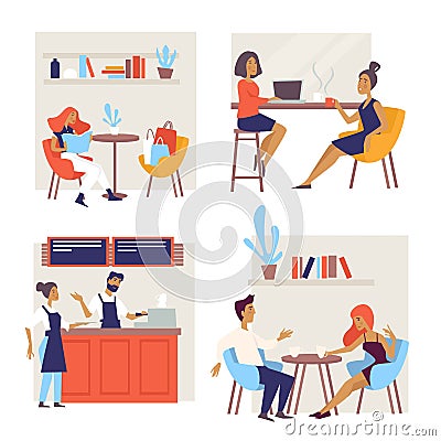 Barista and customers waitress coffee house or cafe cafeteria Vector Illustration