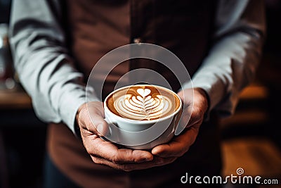 barista delicately holds a steaming cup of coffee adorned with captivating latte art. The aromatic brew and elegant Stock Photo