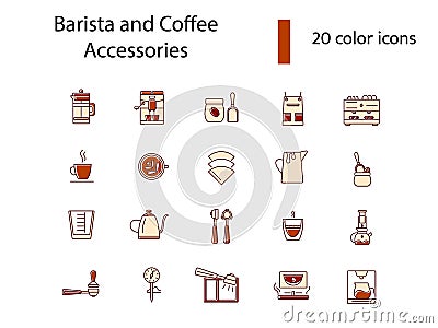Barista devices accessories flat icons set. French press and measuring cup. Isolated vector stock illustration Vector Illustration