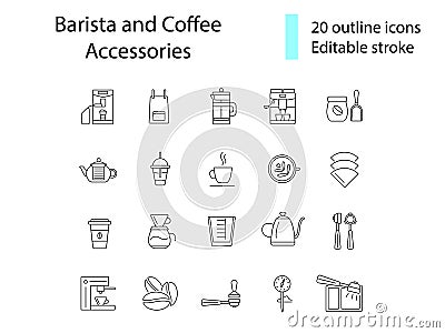 Barista devices outline icons set. French press and measuring cup. Editable stroke. Isolated vector stock illustration Vector Illustration