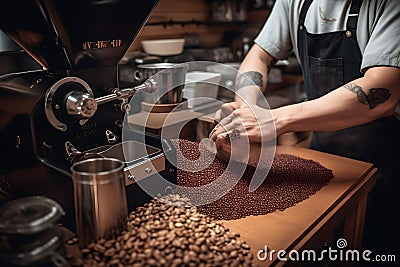 A barista grinding coffee beans with precision, ensuring the perfect consistency for optimal extraction and flavor. Generative AI Stock Photo