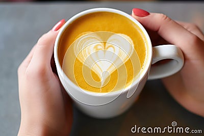 barista handcrafting a heart design on a turmeric latte Stock Photo