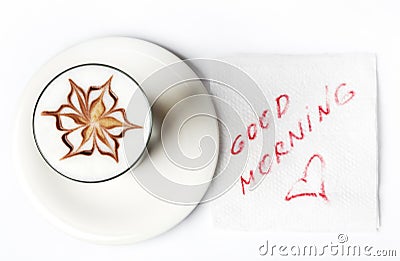 Barista latte coffee glass with good morning note Stock Photo