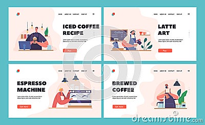 Barista Making Coffee Landing Page Template Set. Friendly Male and Female Characters Wear Apron Work in Cafe Vector Illustration